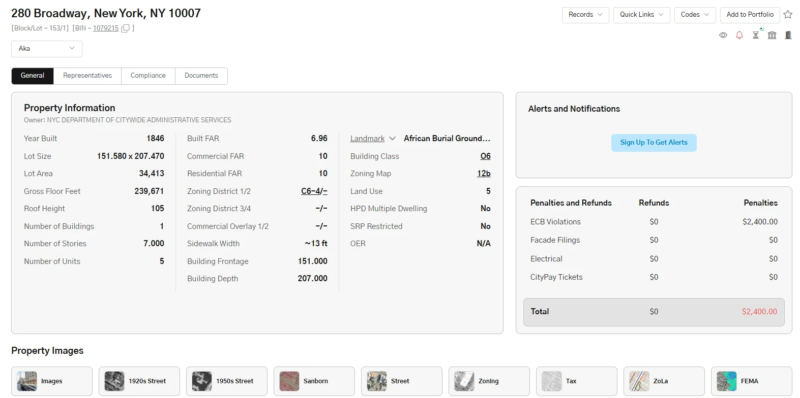 Violerts property dashboard for 280 Broadway showing property information, penalties and refunds, and property images